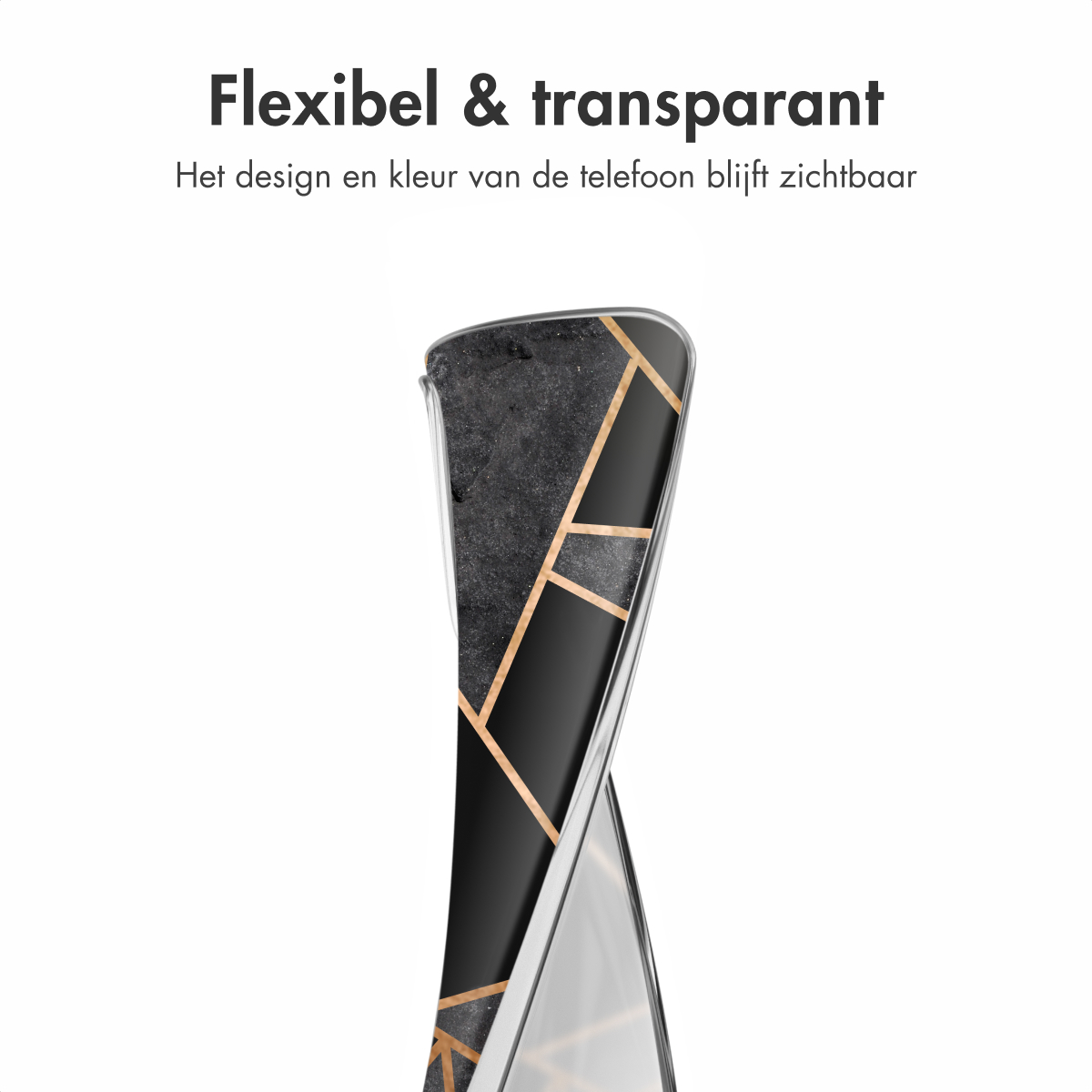 Een flexibele, doorzichtige telefoonhoes gebogen om het ontwerp te laten zien. Het ontwerp is geometrisch en zwart en goud.