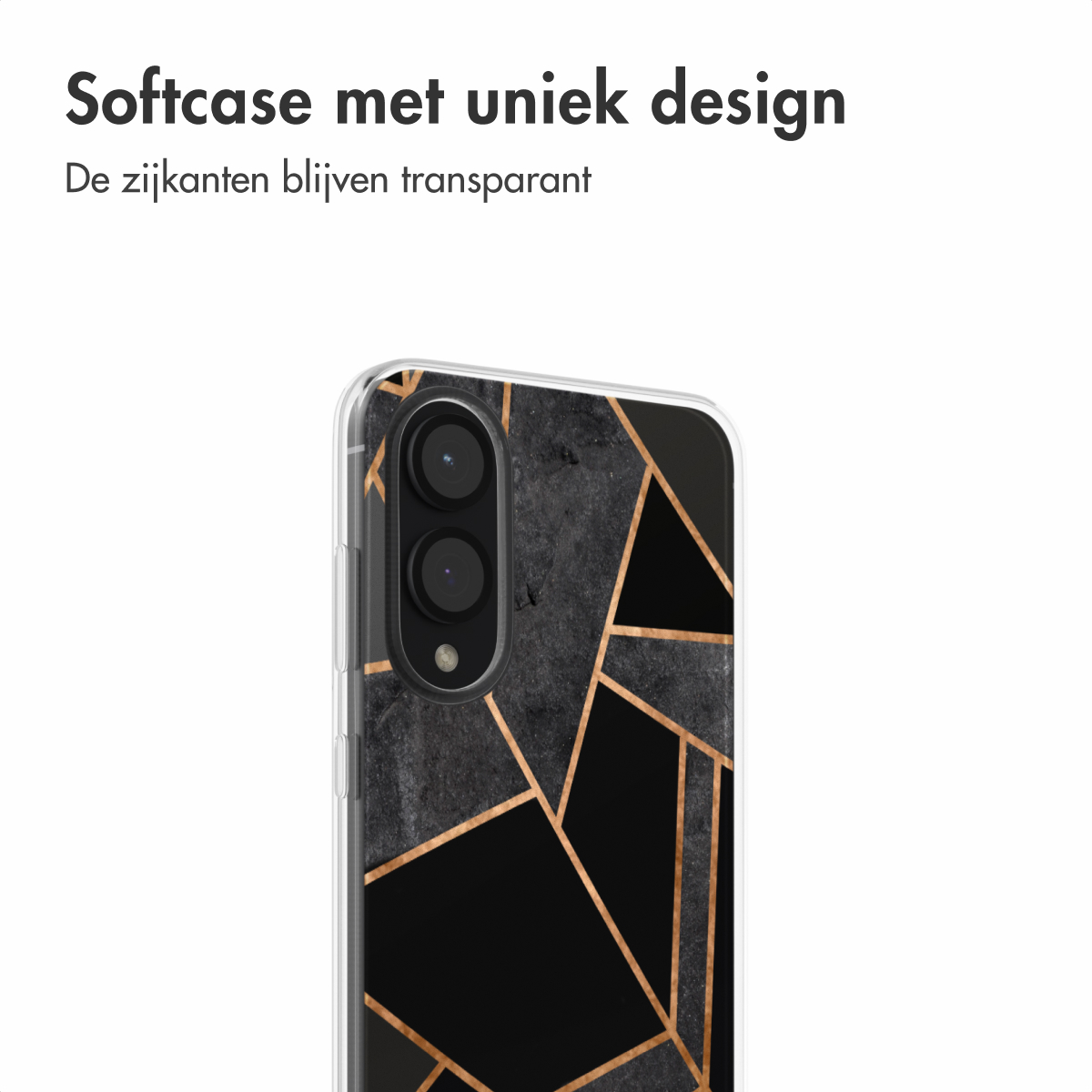 Een telefoon in een hoesje met een geometrisch ontwerp. De telefooncamera is zichtbaar. Witte achtergrond en zwarte tekst.
