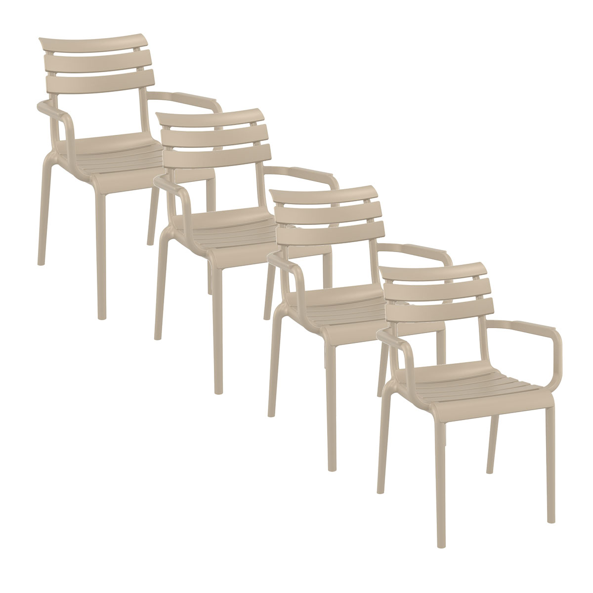 Vier beige stoelen op een rij. Elke stoel heeft armleuningen en een rugleuning met lamellen.