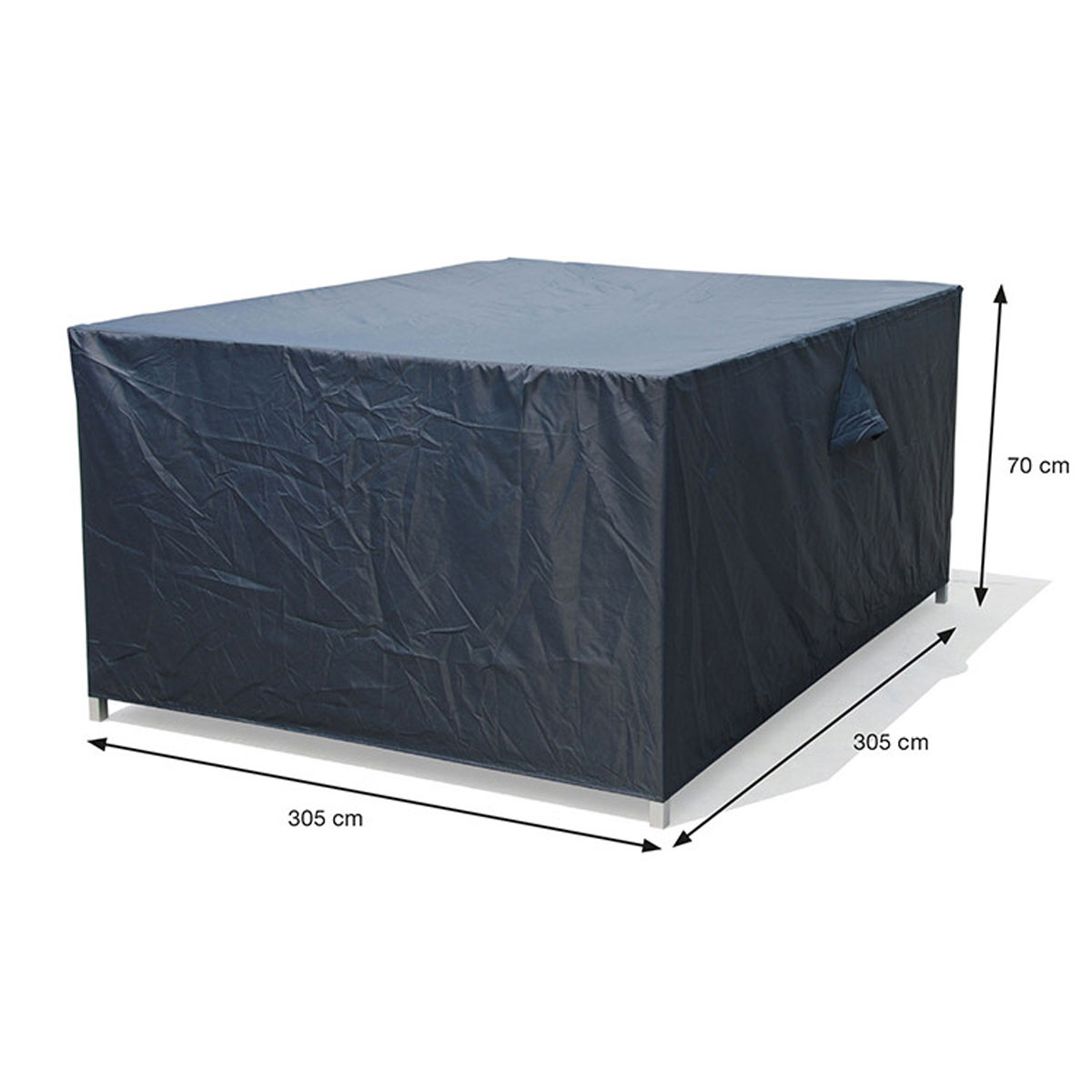 A large, dark-colored cover over a table, with dimensions labeled and a white background.