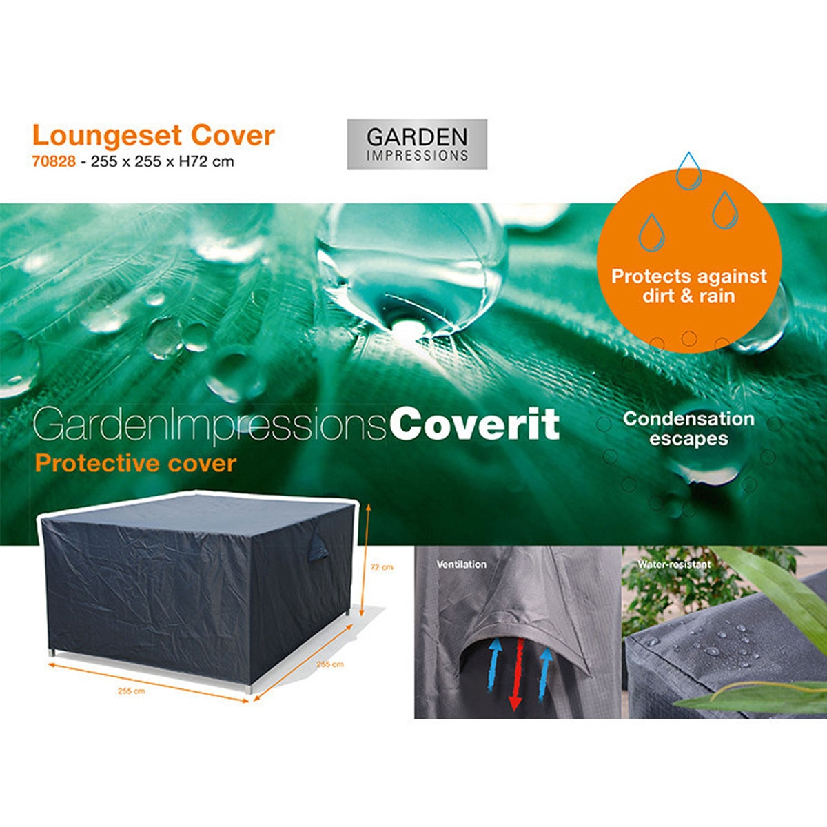 Promotional image with a dark blue protective cover, showing water resistance and dimensions.