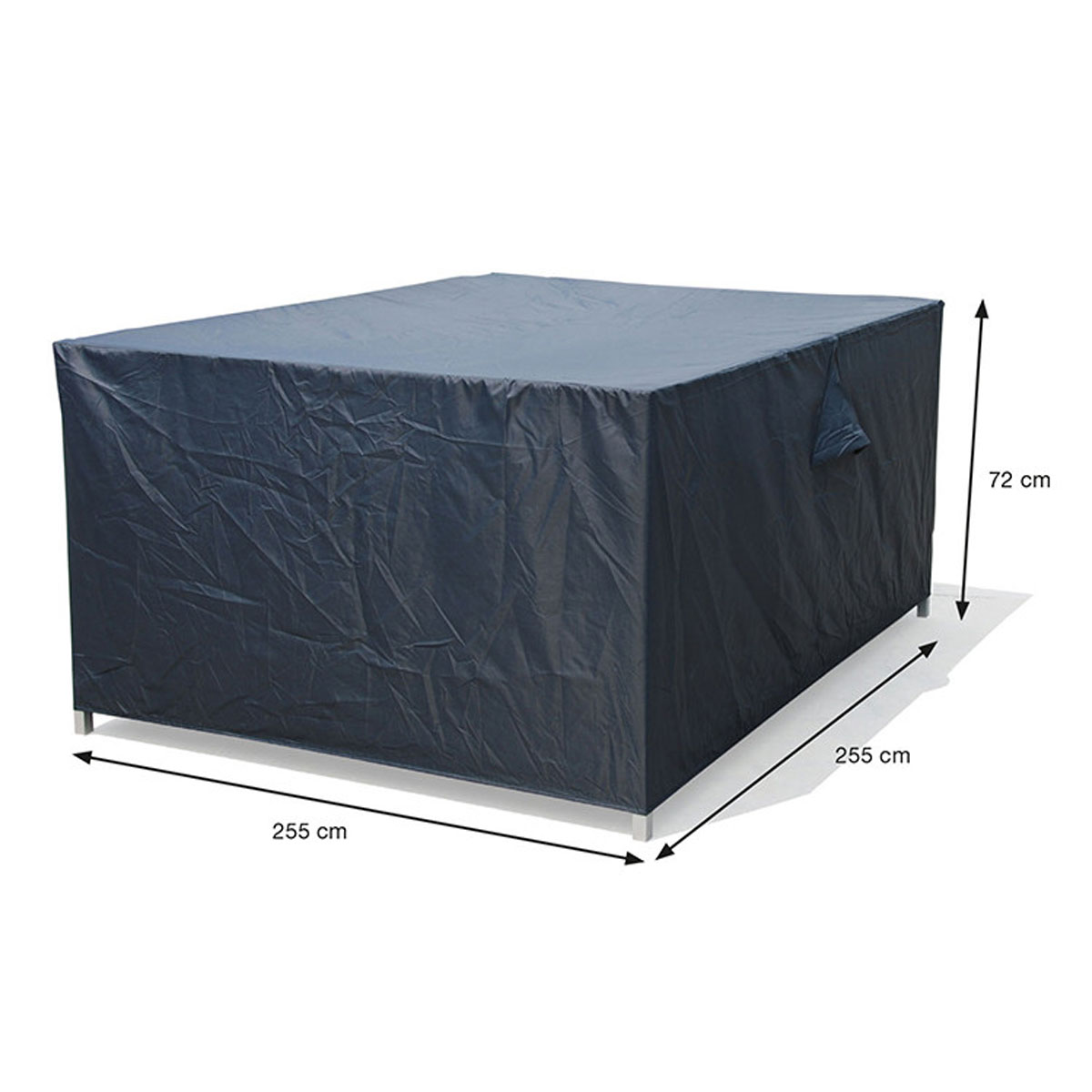 Dark blue outdoor furniture cover with dimensions, on a white background. Measuring 255x255x72 cm.