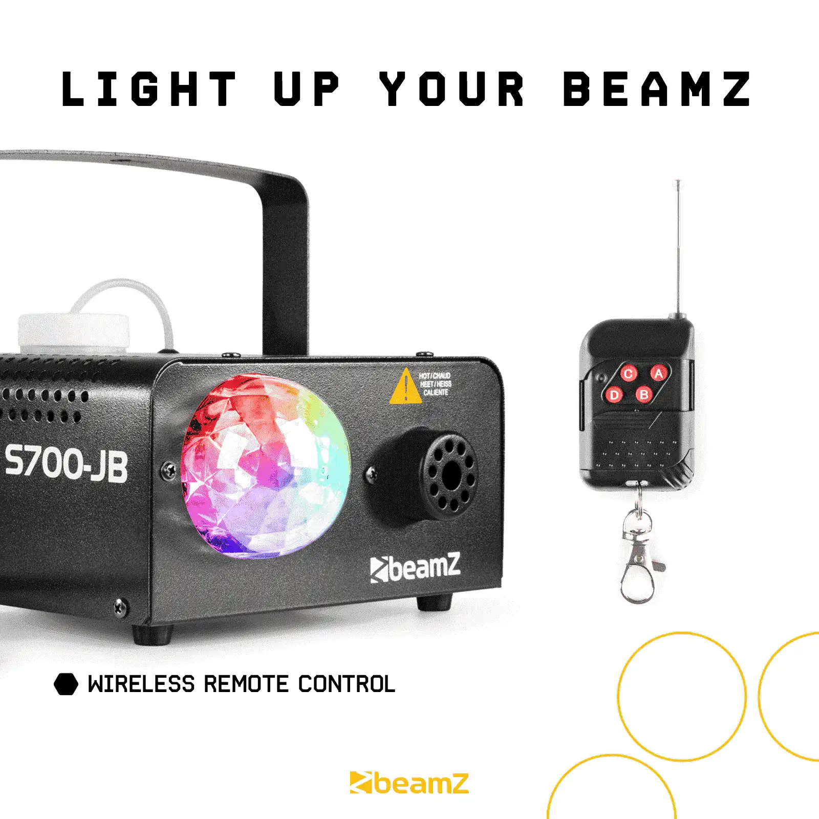 Máquina de niebla Beamz S700-JB negra con control remoto inalámbrico y efectos de luz coloridos.