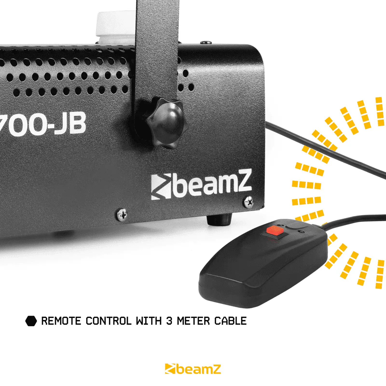 Primer plano de una máquina de humo negra con mando a distancia y botón rojo; logotipo de beamz.