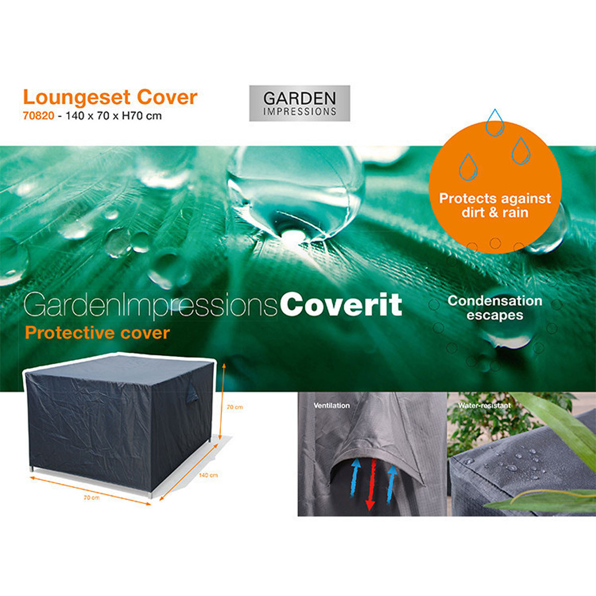 Protective cover for a loungeset, with images of the cover, water drops, and condensation escape.