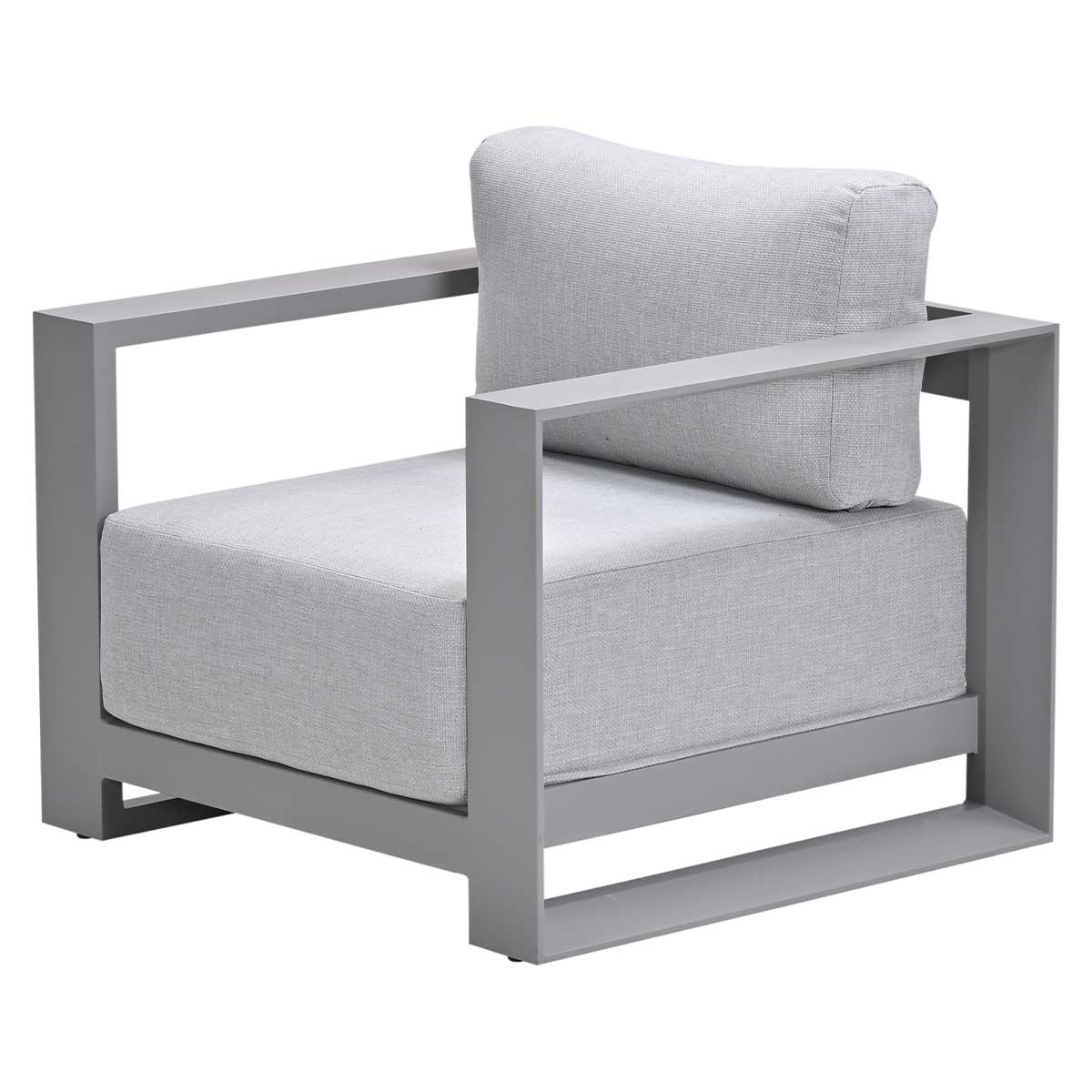 Modern gray outdoor armchair with a rectangular frame and a single back cushion.