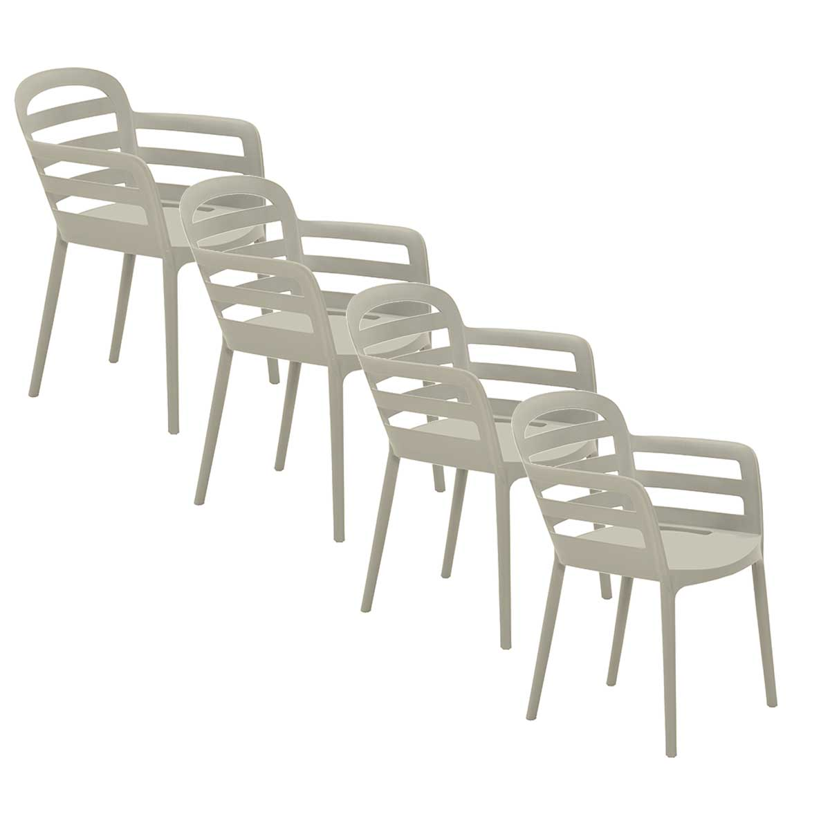 Five light gray plastic chairs arranged in a diagonal line, with armrests and slatted backs.