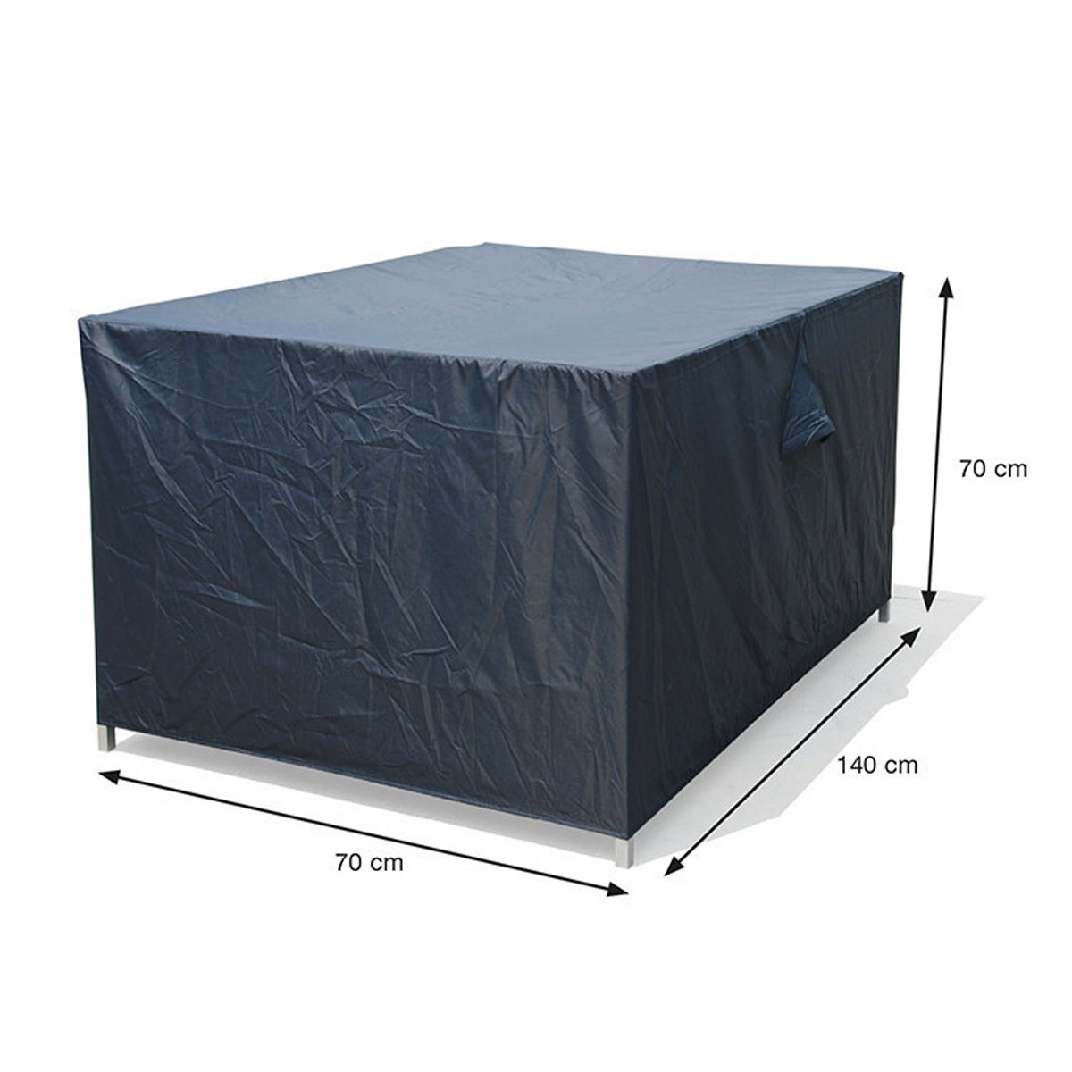 A dark gray protective cover for a rectangular object, with dimensions labeled on the sides.