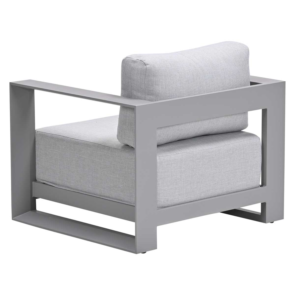 Gray outdoor armchair with square frame and gray cushions, isolated on a white background.
