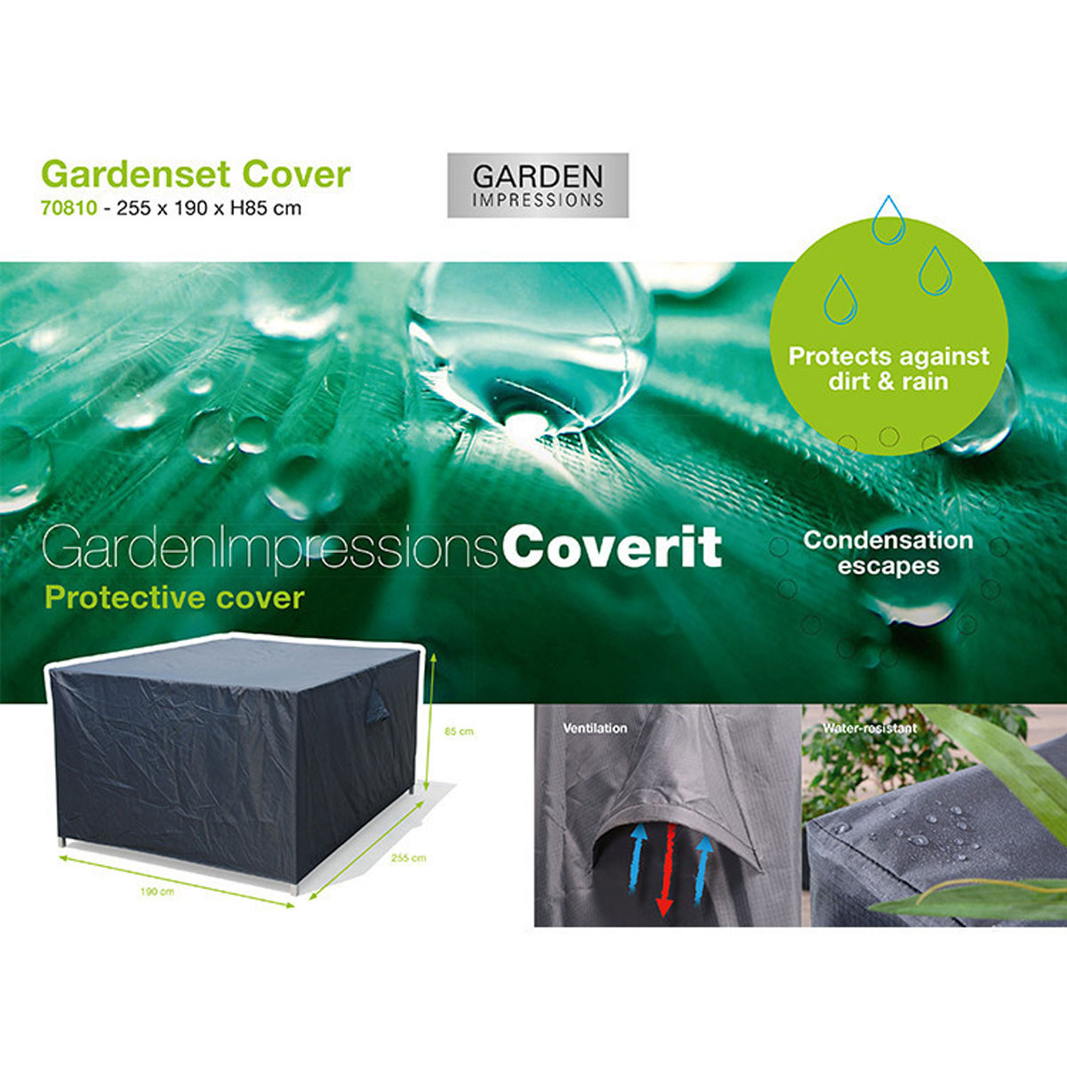 A protective cover for a garden set, with water drops, condensation escape, and dimensions shown.
