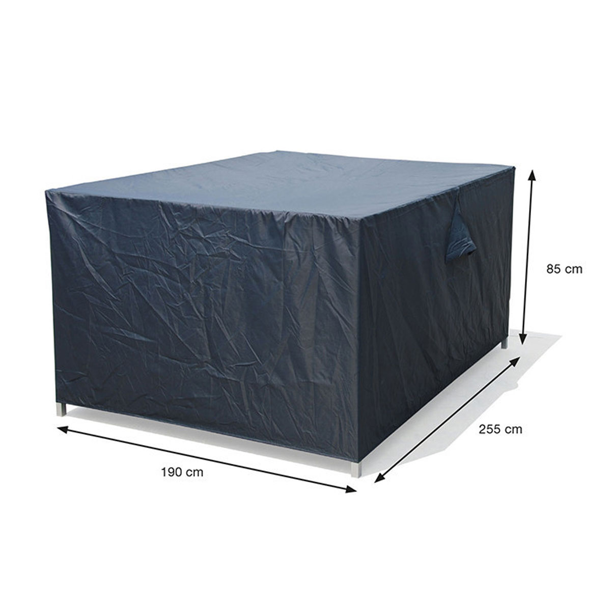 Dark gray protective cover for a rectangular outdoor item, with dimensions and handle shown.