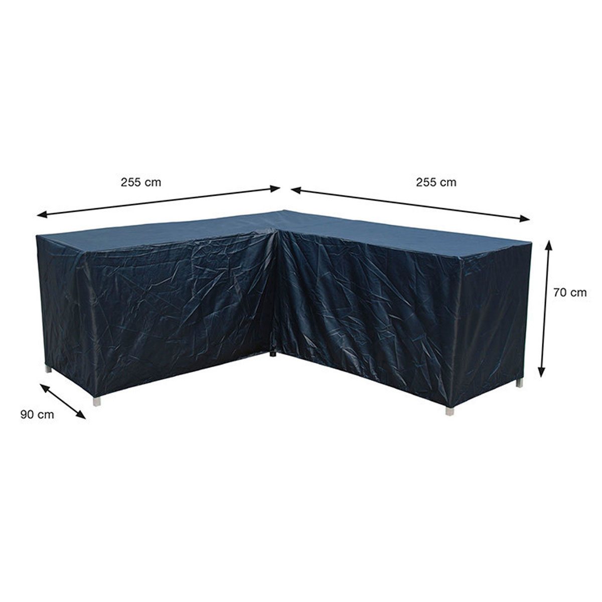 L-shaped protective cover for outdoor furniture.  Dimensions are indicated with arrows and measurements.