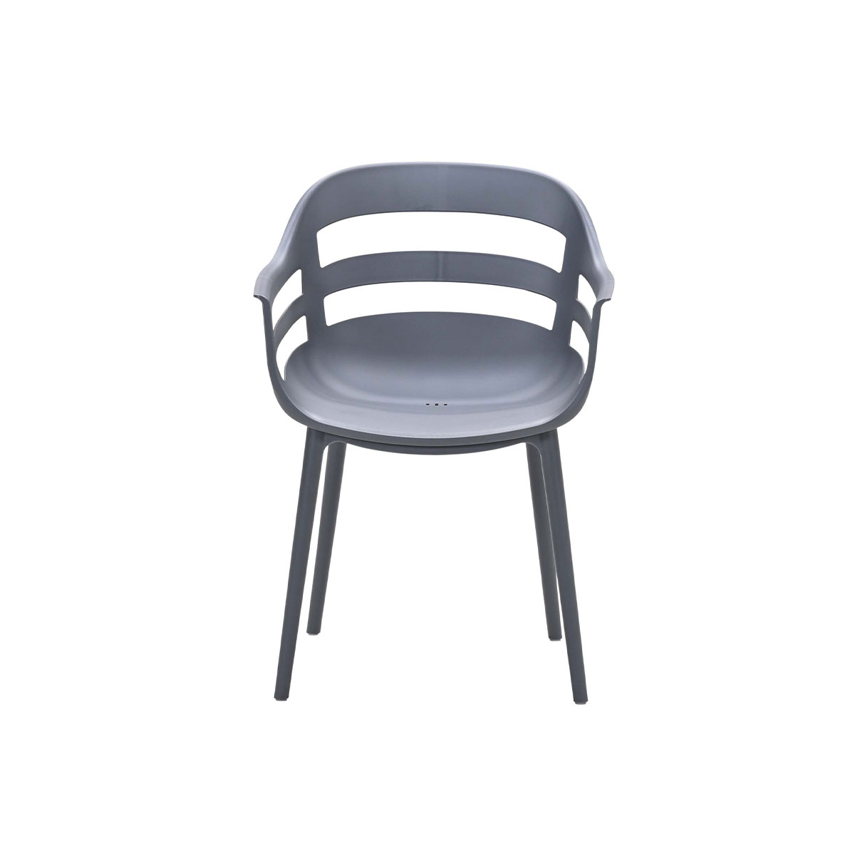 A single gray plastic chair with a slatted back design. It is on a white background with the chair facing forward.