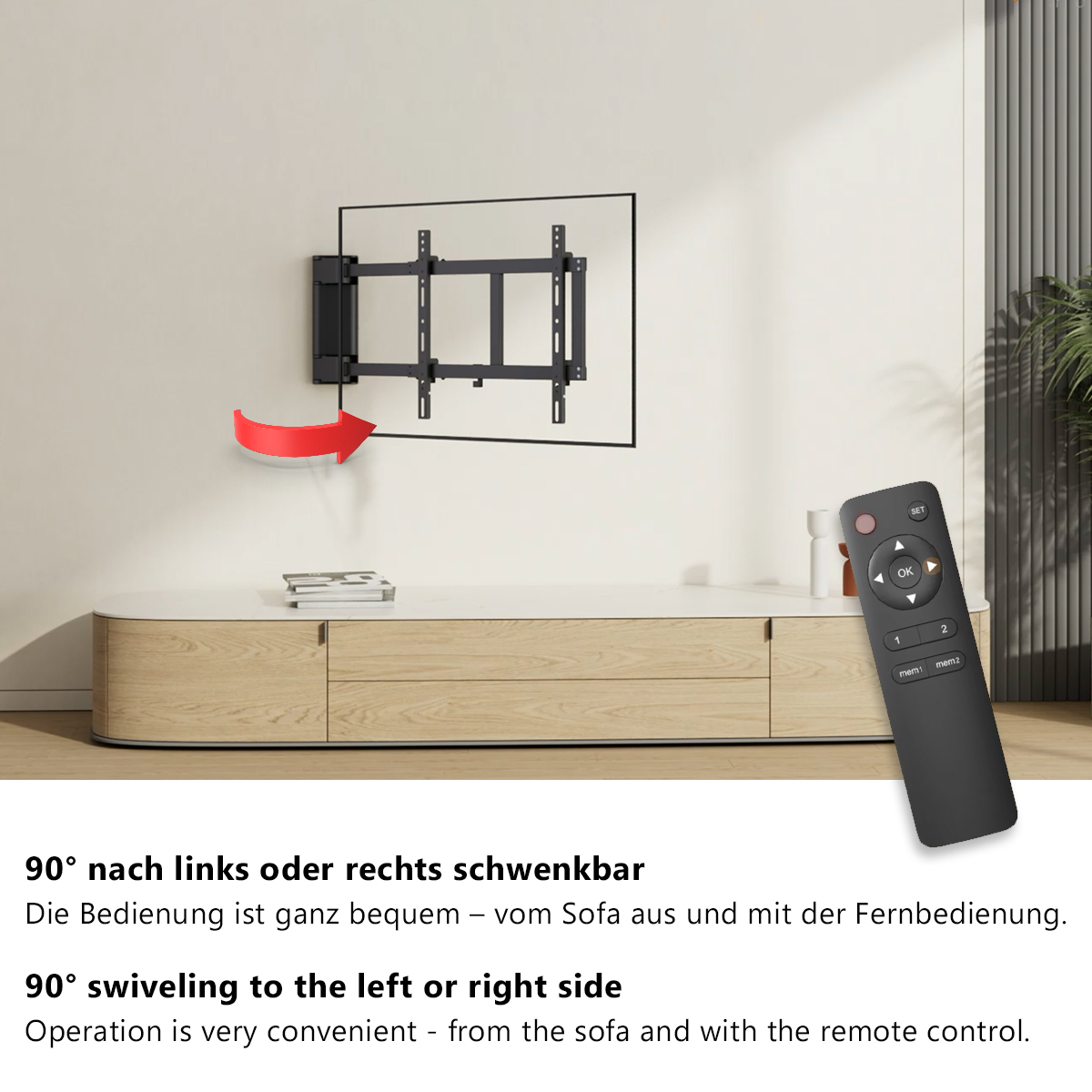 Fernseher auf weißem Schrank mit schwarzer Wandhalterung und Fernbedienung. Text auf Deutsch.