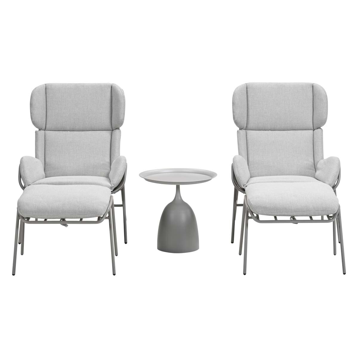 A set of outdoor furniture: two chairs, two ottomans, and a small table. Gray cushions, black frames, white background.