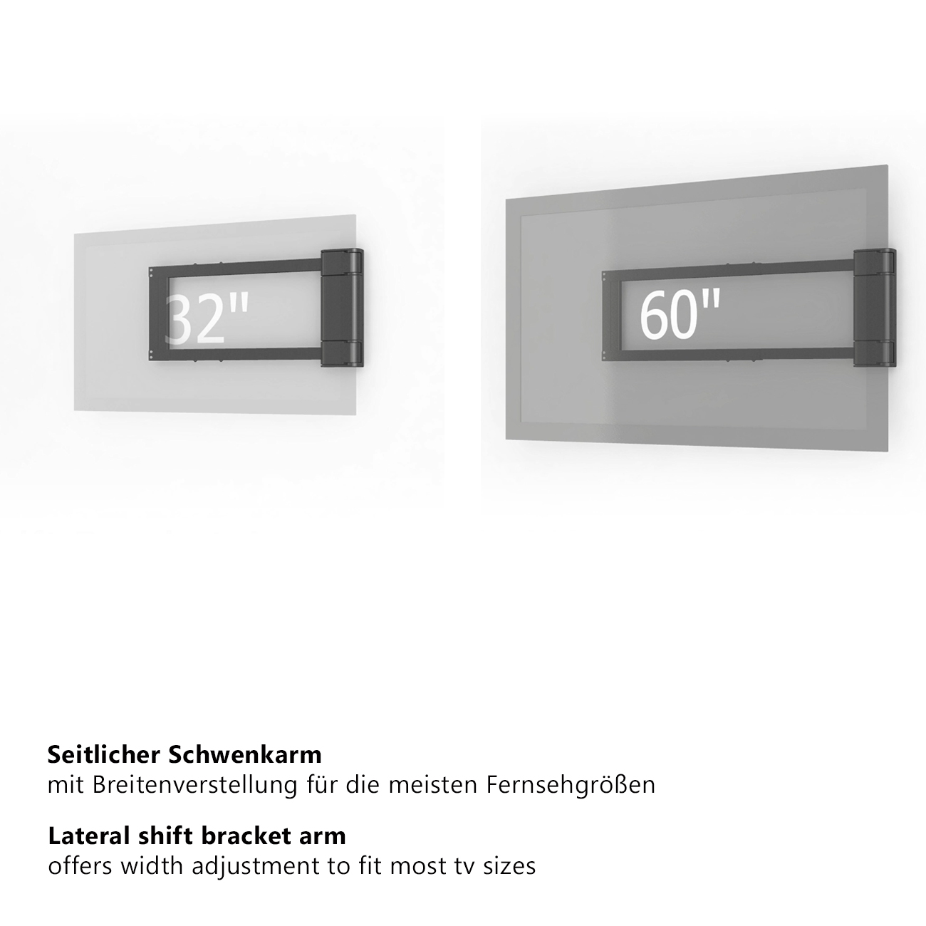 Zwei Diagramme mit TV-Halterungen für 32-Zoll- und 60-Zoll-Fernseher. Text beschreibt den seitlichen Schwenkarm.