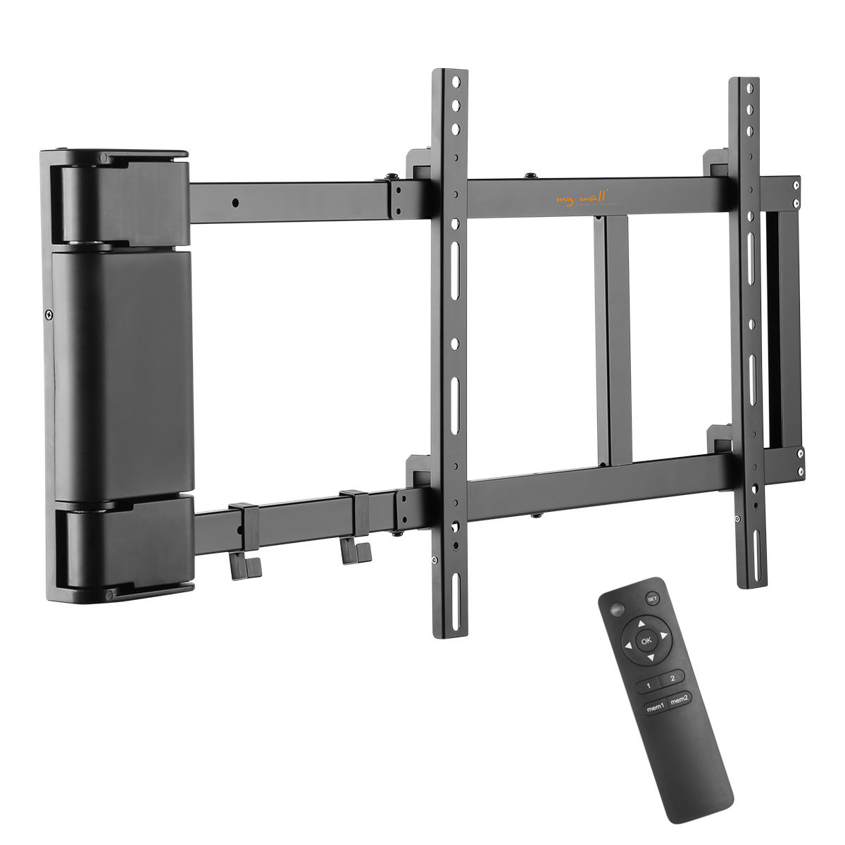 Eine schwarze TV-Wandhalterung mit Fernbedienung. Die Halterung hat mehrere verstellbare Teile und ein Markenlogo.