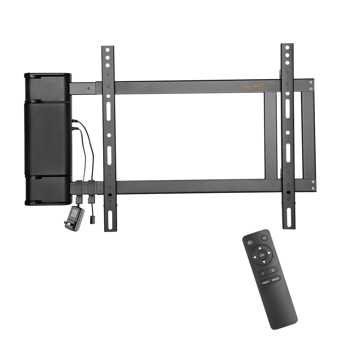 Eine schwarze TV-Wandhalterung mit schwarzer Fernbedienung. Auf weißem Hintergrund.
