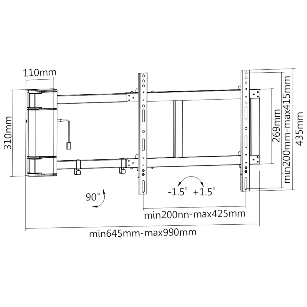 Diagramm einer TV-Wandhalterung. Zeigt Abmessungen und Winkel, Maße in Millimetern.
