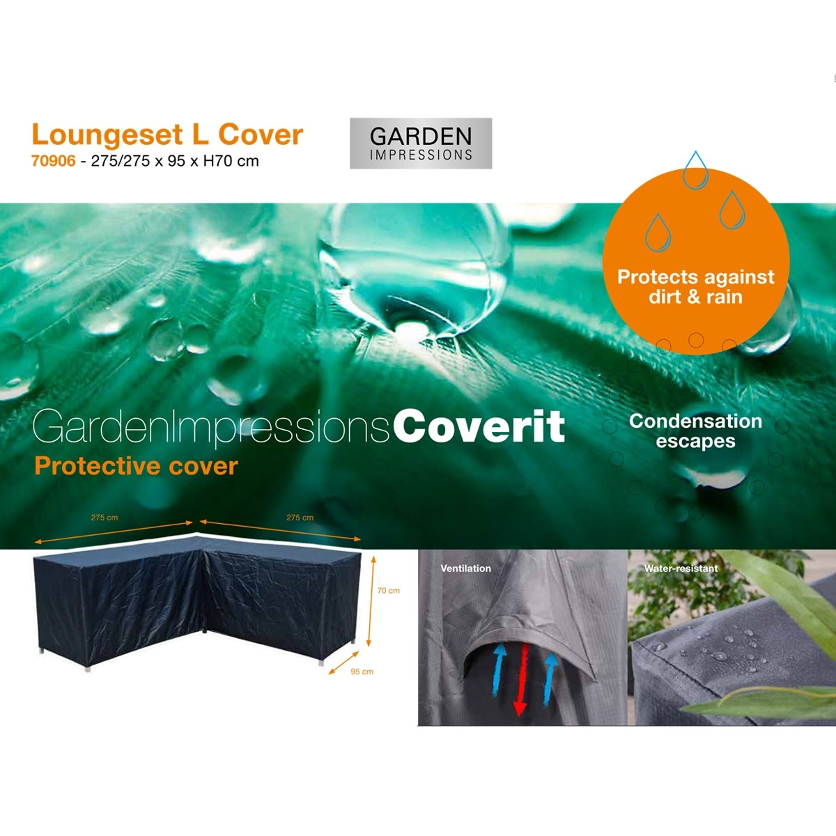 L-shaped black protective cover for outdoor furniture. Dimensions are displayed on the image. Protects against dirt and rain.