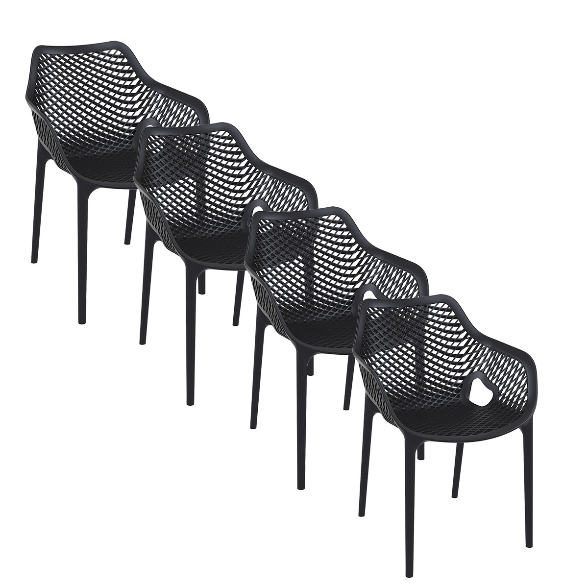 Vier zwarte plastic stoelen op een rij, lichtjes schuin.