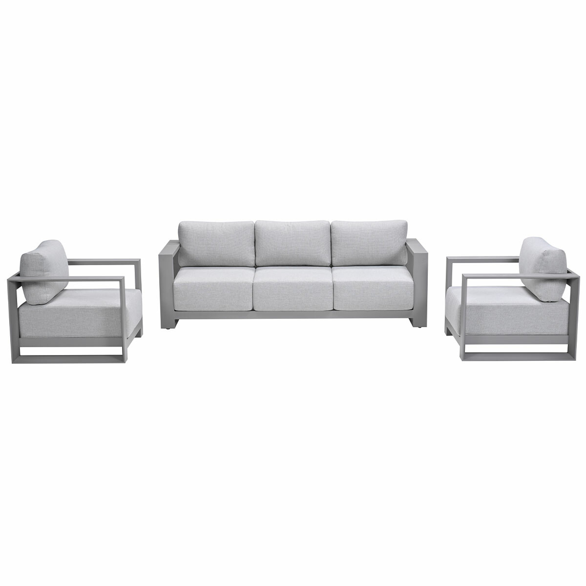 A light gray outdoor seating set consisting of a sofa and two armchairs.