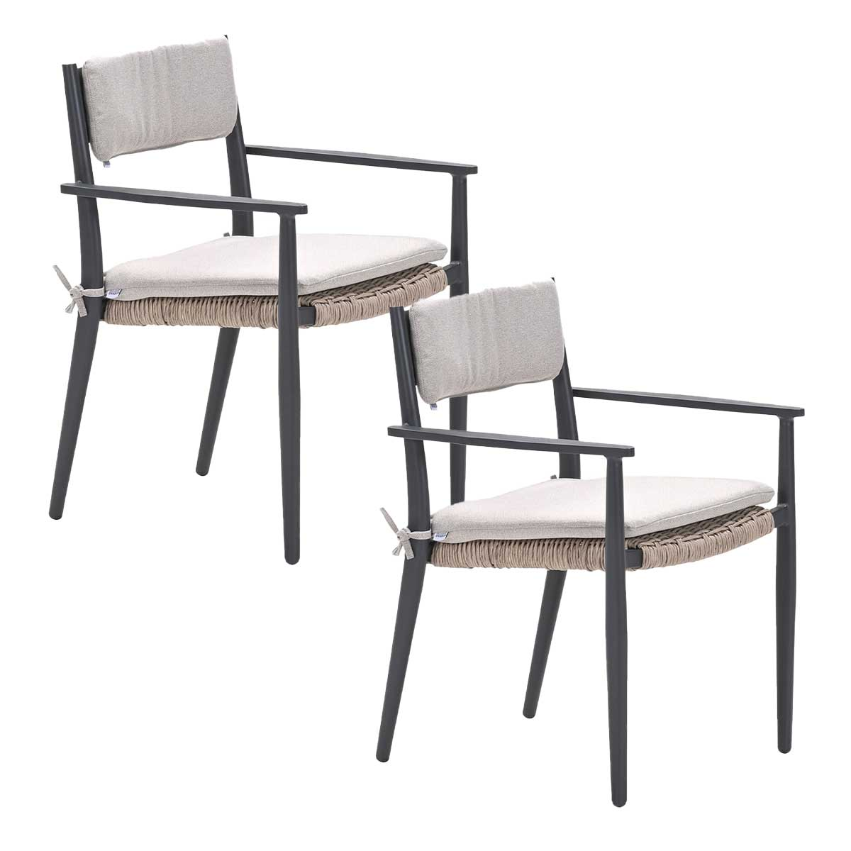 Two outdoor chairs with light grey cushions, dark grey frames, and woven seats. The chairs are on a white surface.