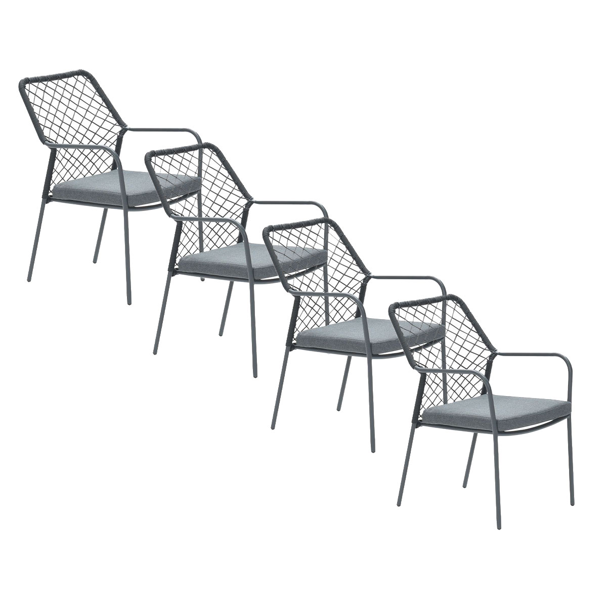 Four gray chairs with a black net back and gray seat cushions, arranged diagonally. White background.