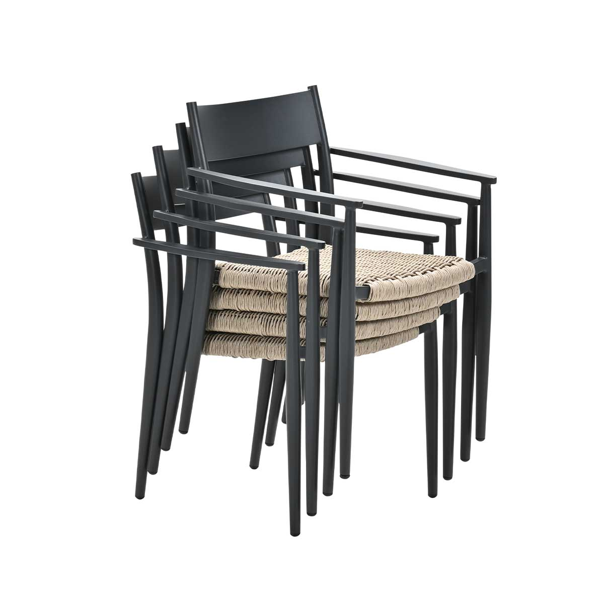 Four black metal chairs stacked. Each chair has a woven seat and armrests.