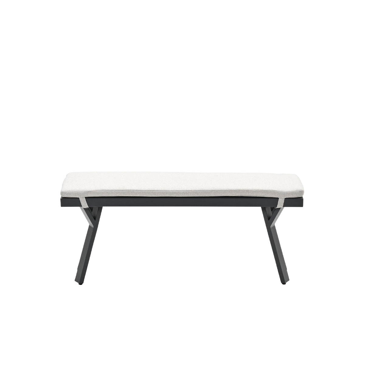 A bench with a light-colored cushion sits on a white background. The frame is dark gray.