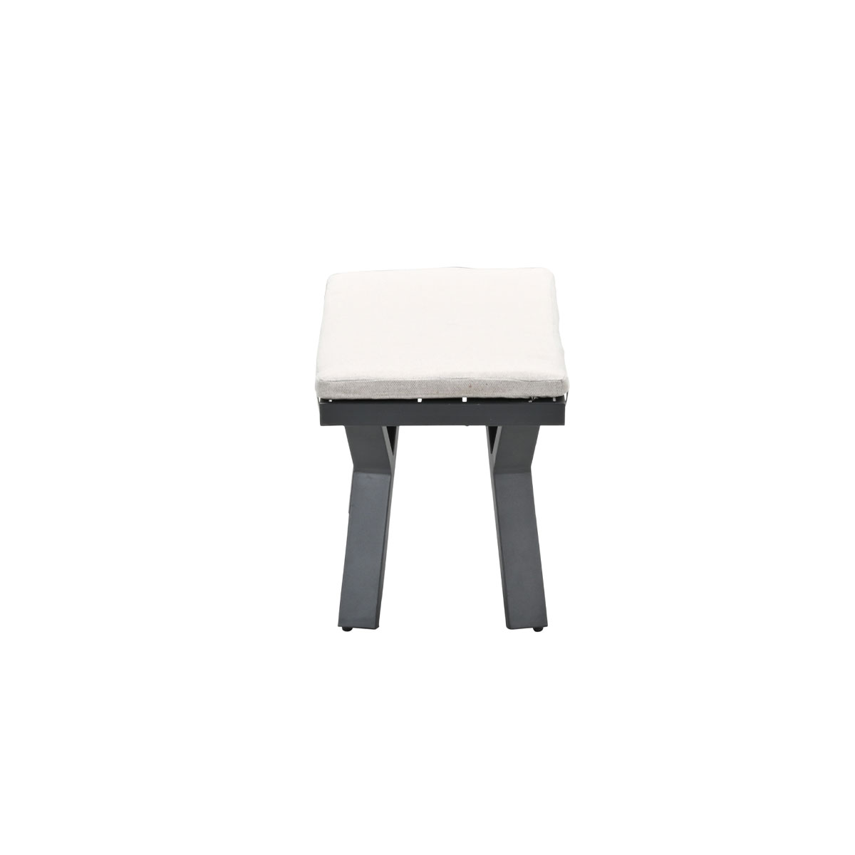 A small gray bench with a white cushion on a white background. The legs are grey.