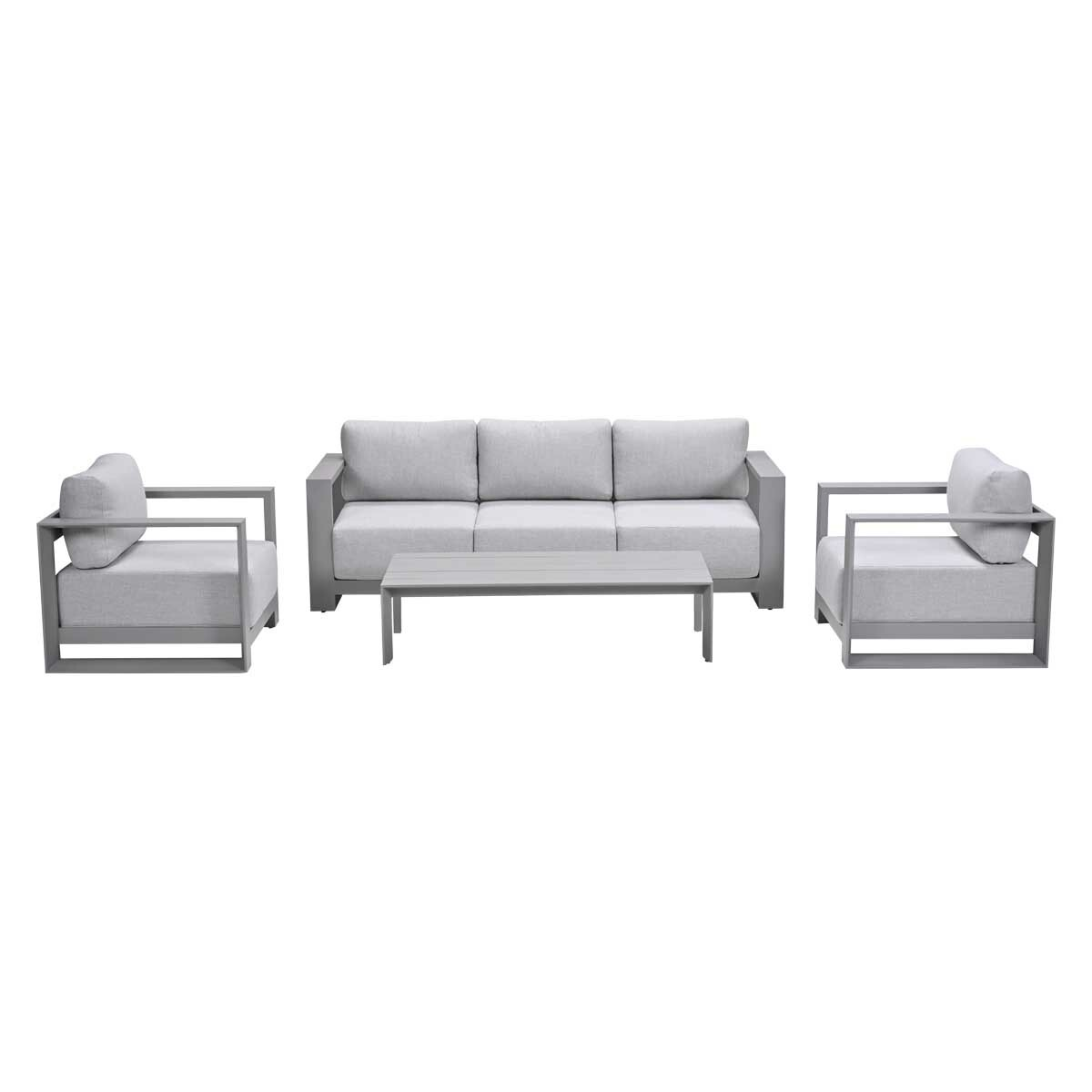 Outdoor gray sofa, two armchairs, and a low table, all on a white background.