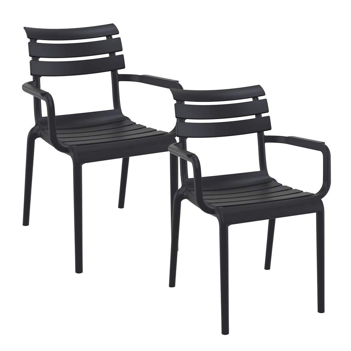 Two black chairs with armrests. The chairs have horizontal slats on the backrest and seat.