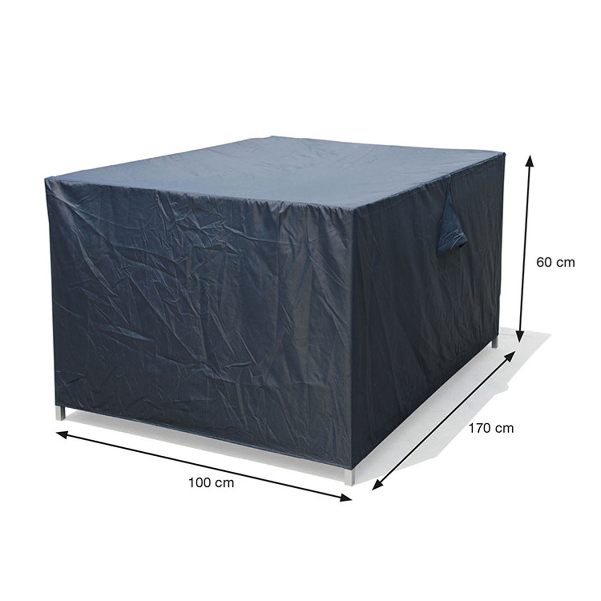 A large, dark blue cover for outdoor furniture, with dimensions labeled. The cover is on a white background.