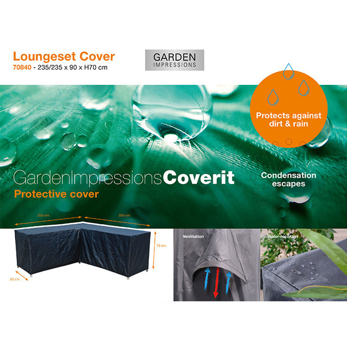 A protective cover for a loungeset with dimensions and a graphic illustrating rain and condensation.