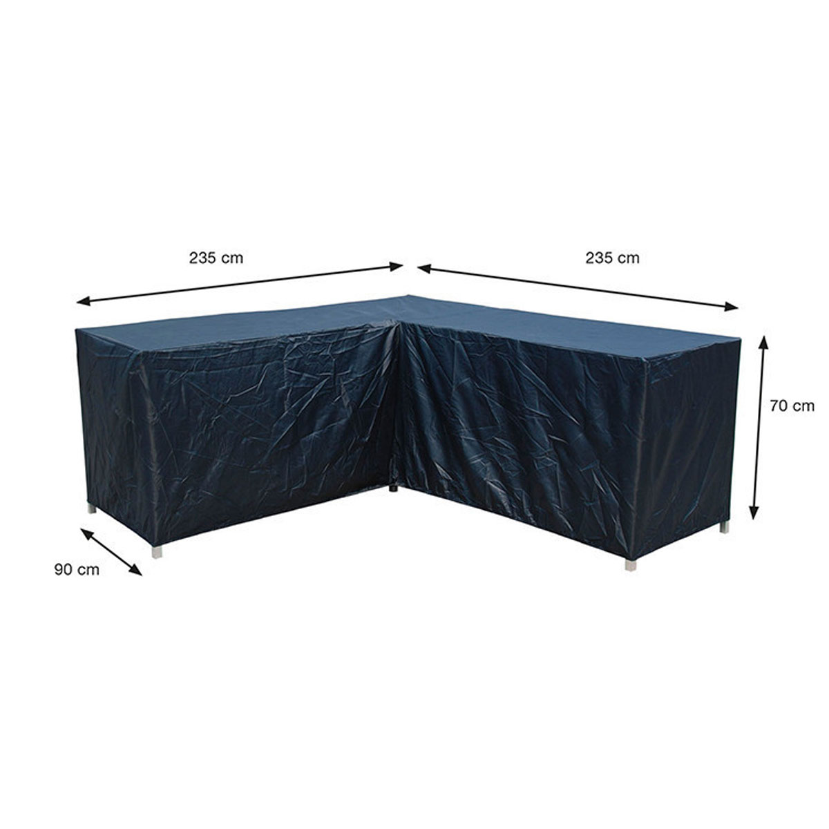 An L-shaped protective cover for a garden set, showing dimensions. It is a dark navy color.