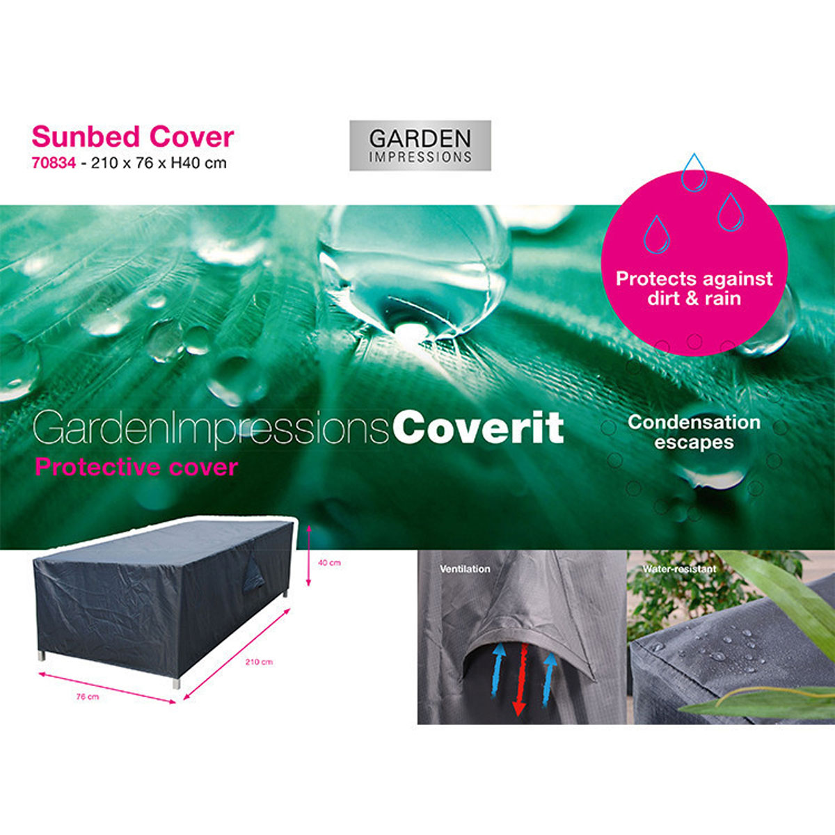 Protective cover for a sunbed, with dimensions and details about the cover.
