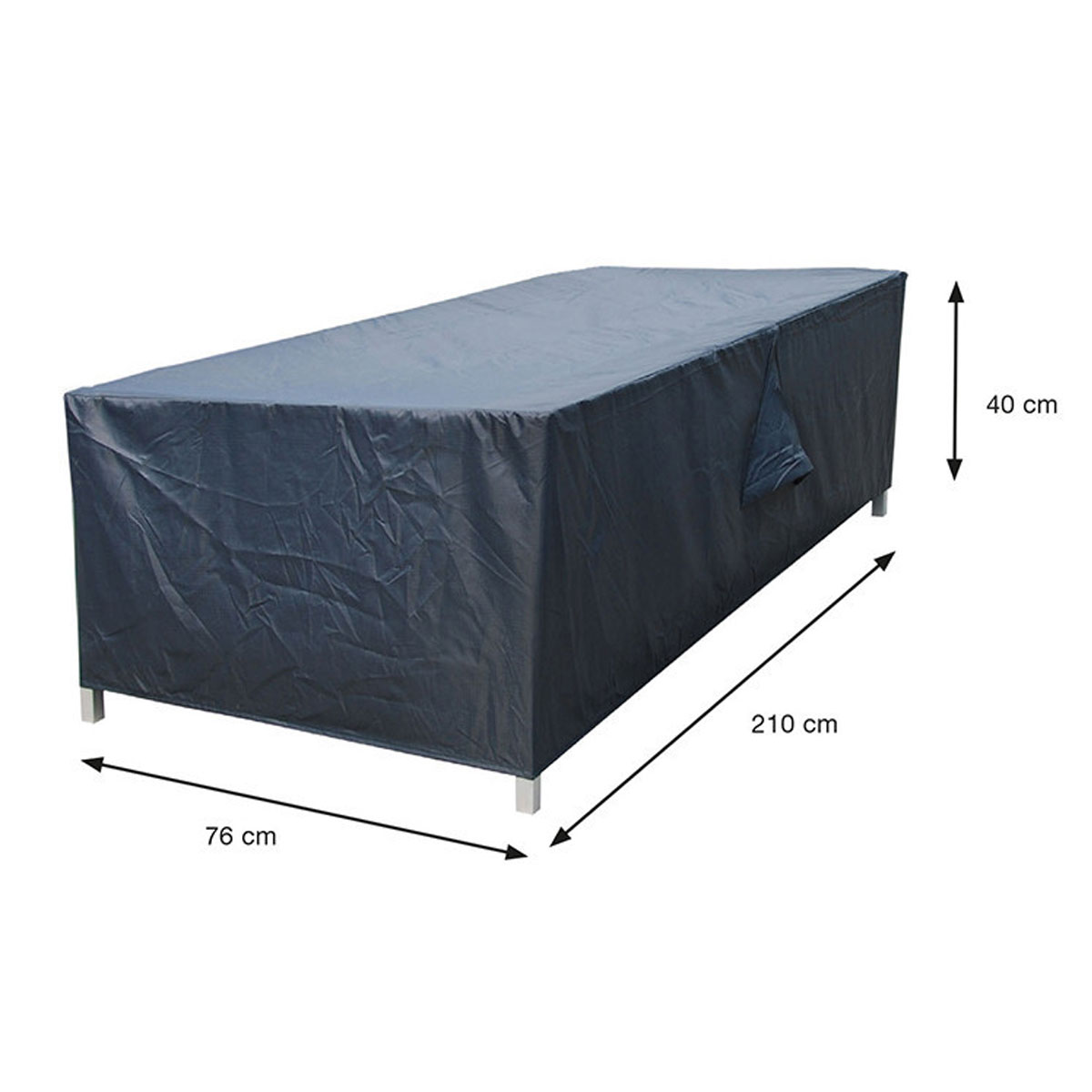 A dark gray rectangular furniture cover with dimensions labeled: 210 cm, 76 cm, 40 cm.