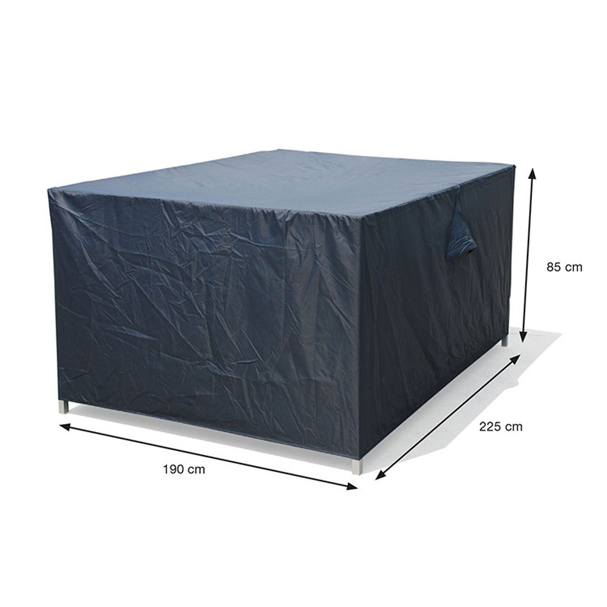 A large, dark blue cover for outdoor furniture, with dimensions labeled.  The cover is on a white surface.