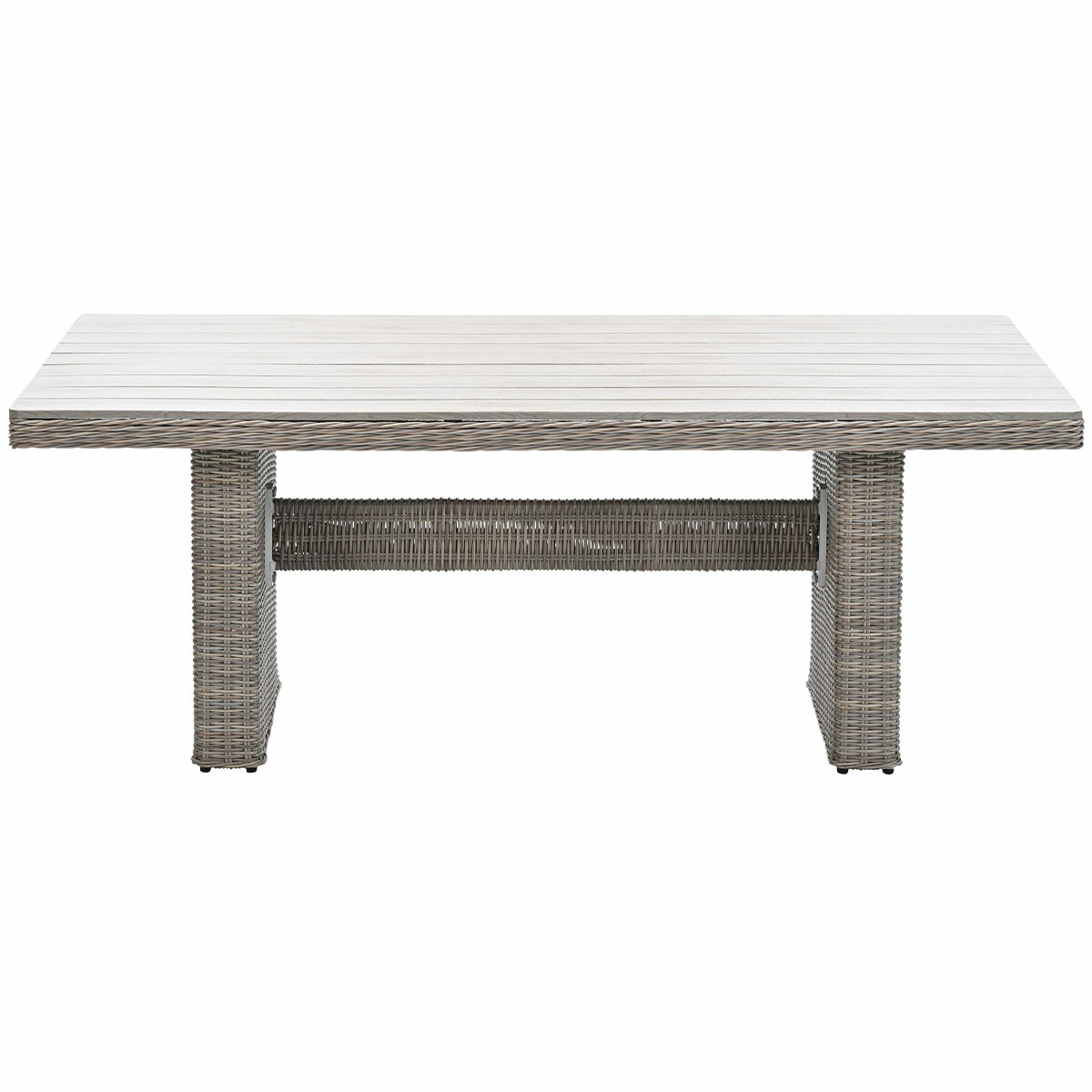 Rectangular gray wicker table with a slatted light wood top, isolated on white.