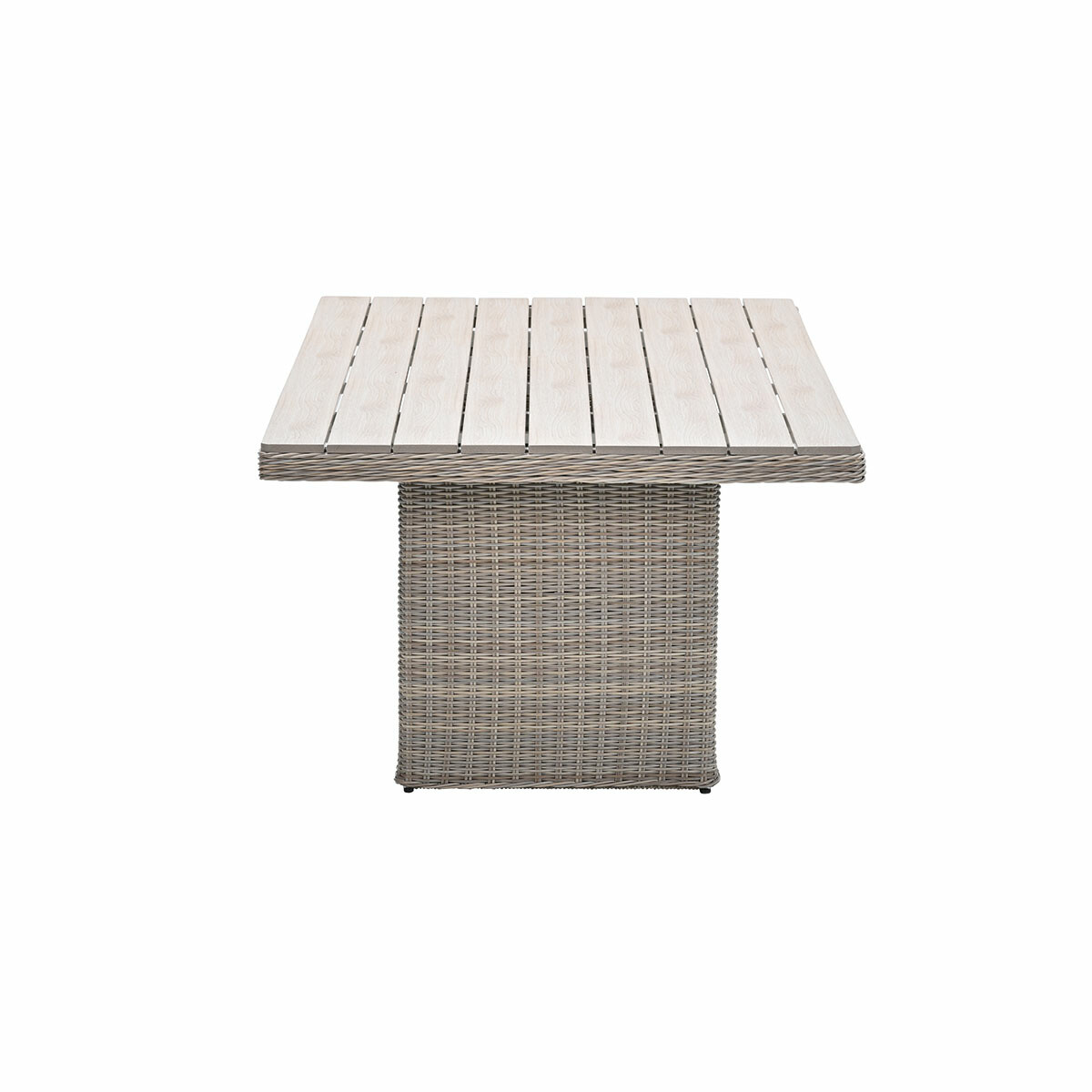 Square gray wicker table with a slatted light wood top, isolated on a white background.