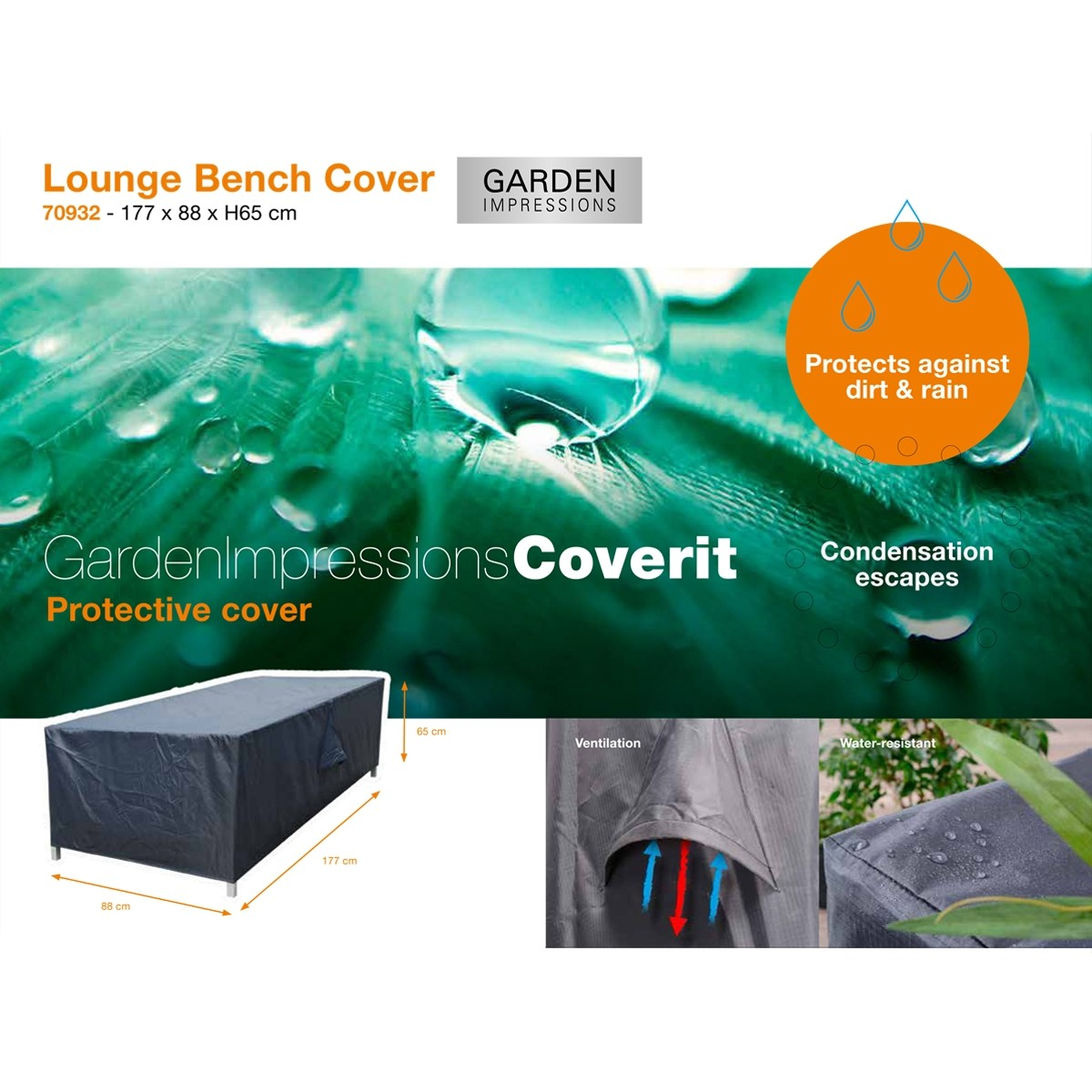 A black bench cover with a white logo and details of the cover's protective features.