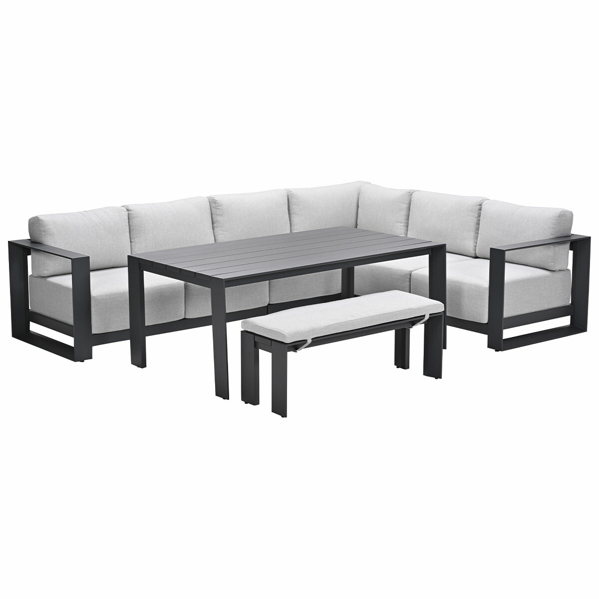 Outdoor furniture set: corner sofa, table and bench, all in gray, on white background.
