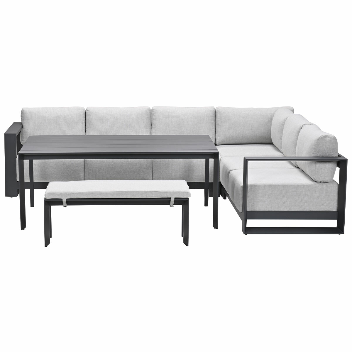An outdoor furniture set with a gray table, bench, and corner sofa on a white background.