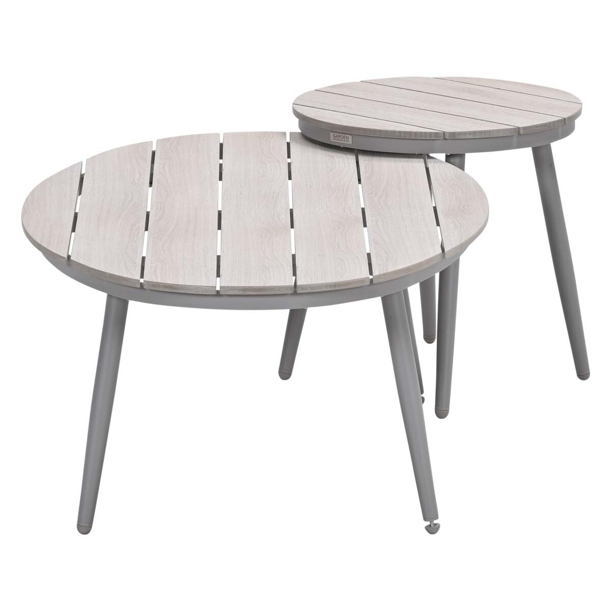 Two round tables, light wood tops, gray frames, different sizes, white background.