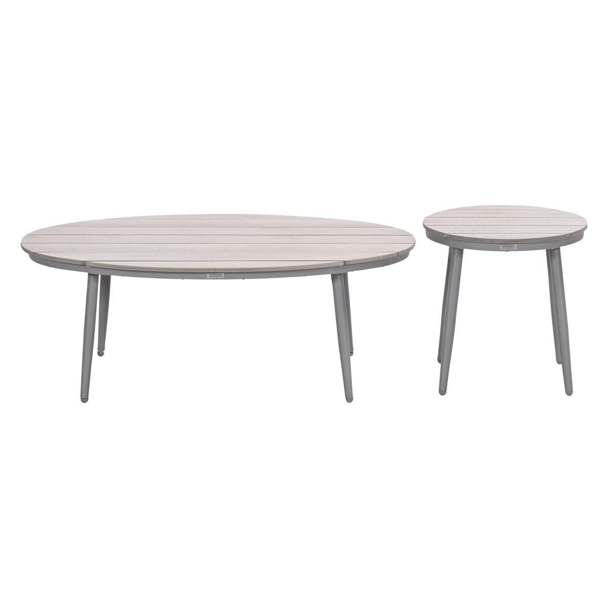 A light gray oval table with a smaller round table next to it, both on a white background.