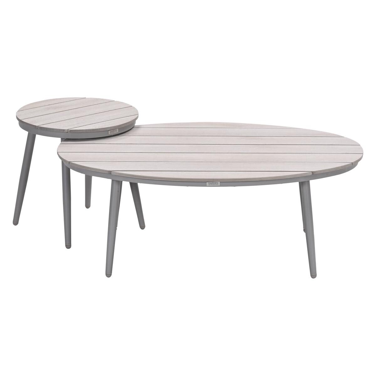 A light gray oval table and a round table placed together, both on a white background.