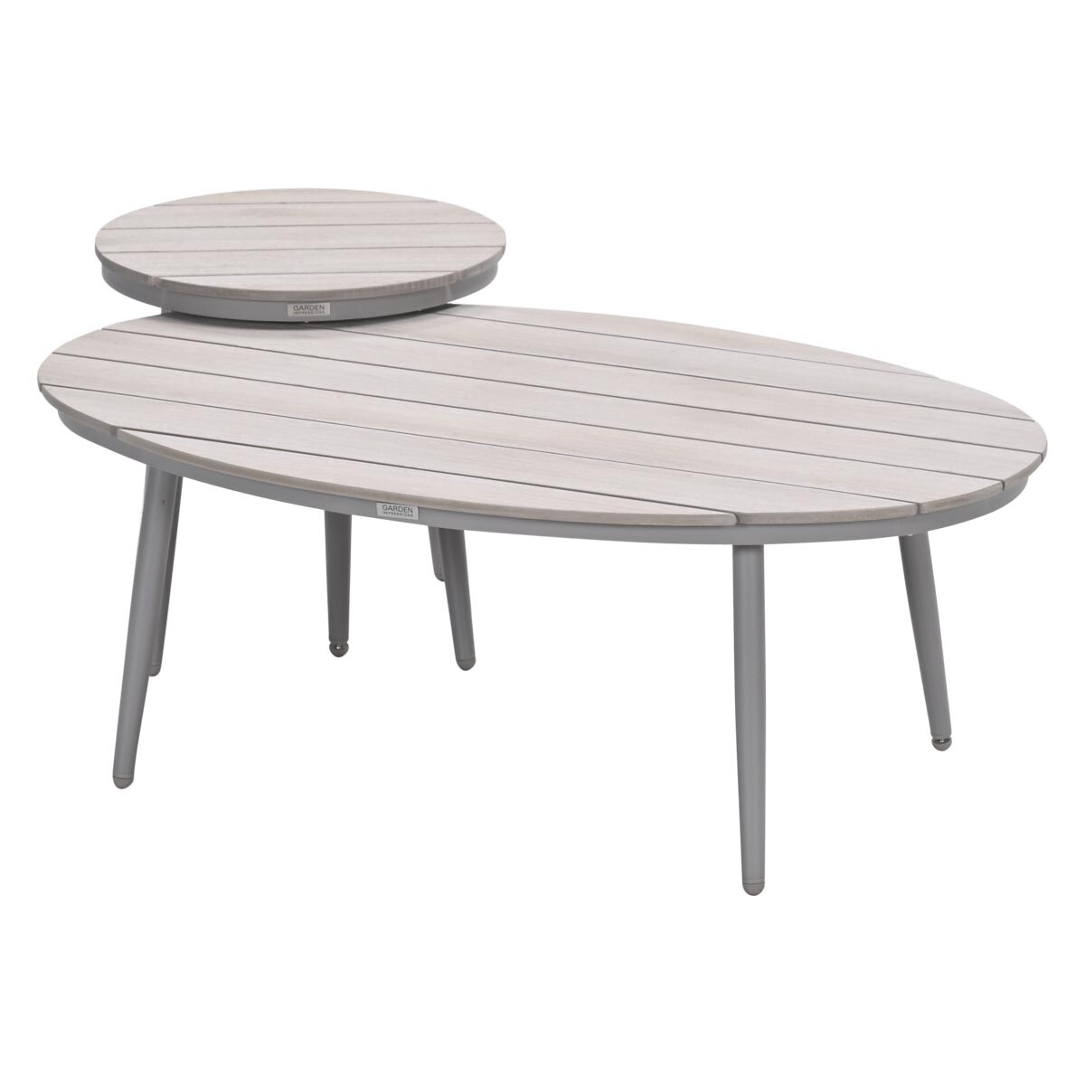 Oval table with a smaller circular table on top. Gray metal legs, light wood surface.