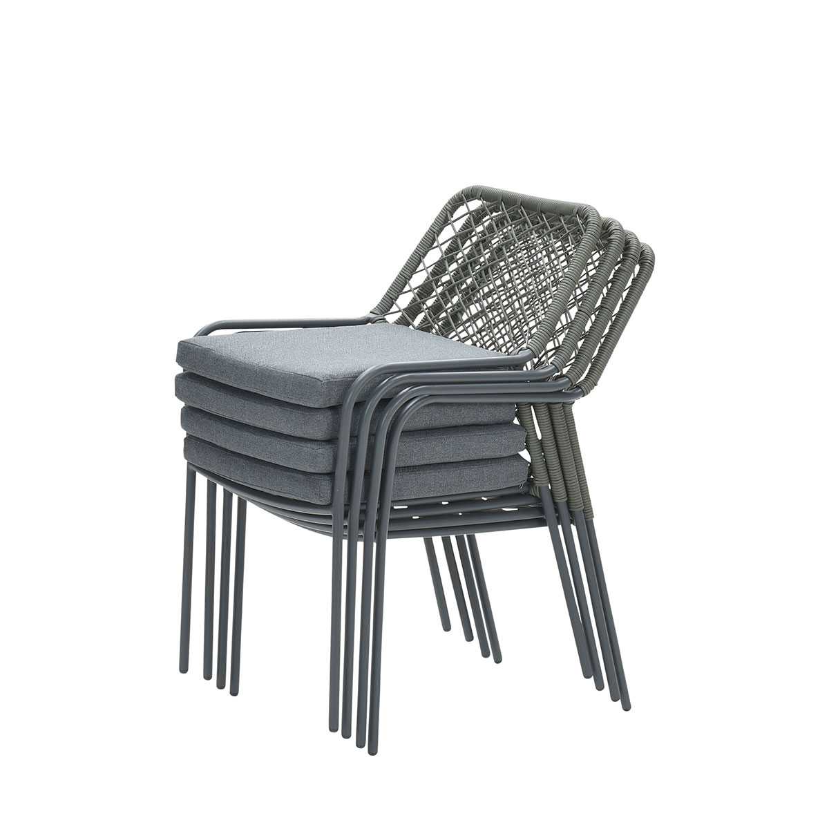 Stacked gray chairs with cushions and metal frames. The frames are dark gray.