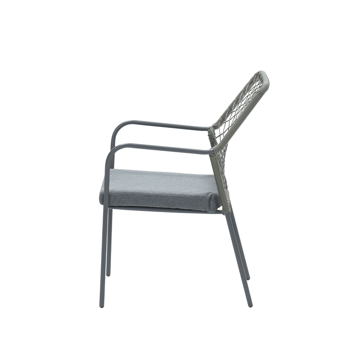 A gray chair with a woven back and seat, and metal frame, on a white background.